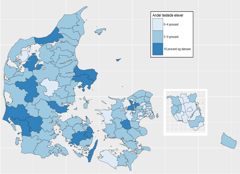 Figur 1. Hovedstadsområdet adskiller sig ved, at færre folkeskole-elever har gennemført Ordblindetesten end i resten af Danmark.
