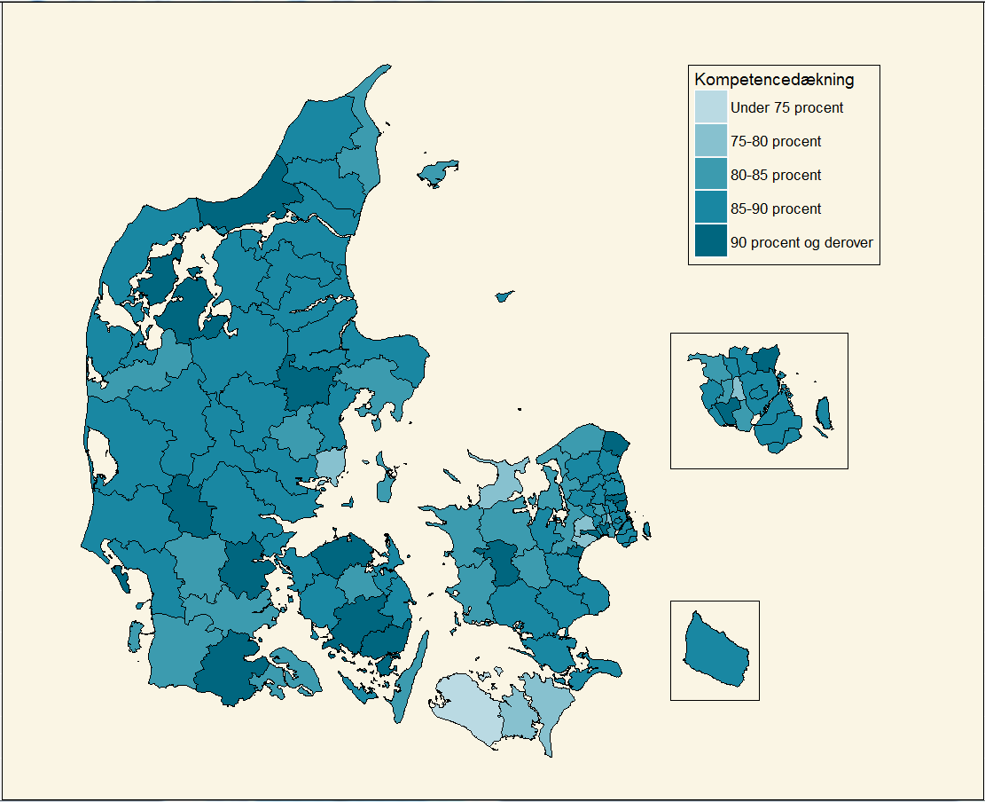 Figur 1: Flere end 7 ud af 10 kommuner har øget kompetencedækningsgraden i forhold til sidste år. Danmarkskort med overblik over kompetencedækningsgrad.