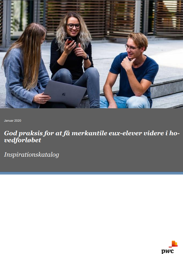 Forside til inspirationskataloget "God praksis for at få merkantile eux-elever videre i hovedforløbet"