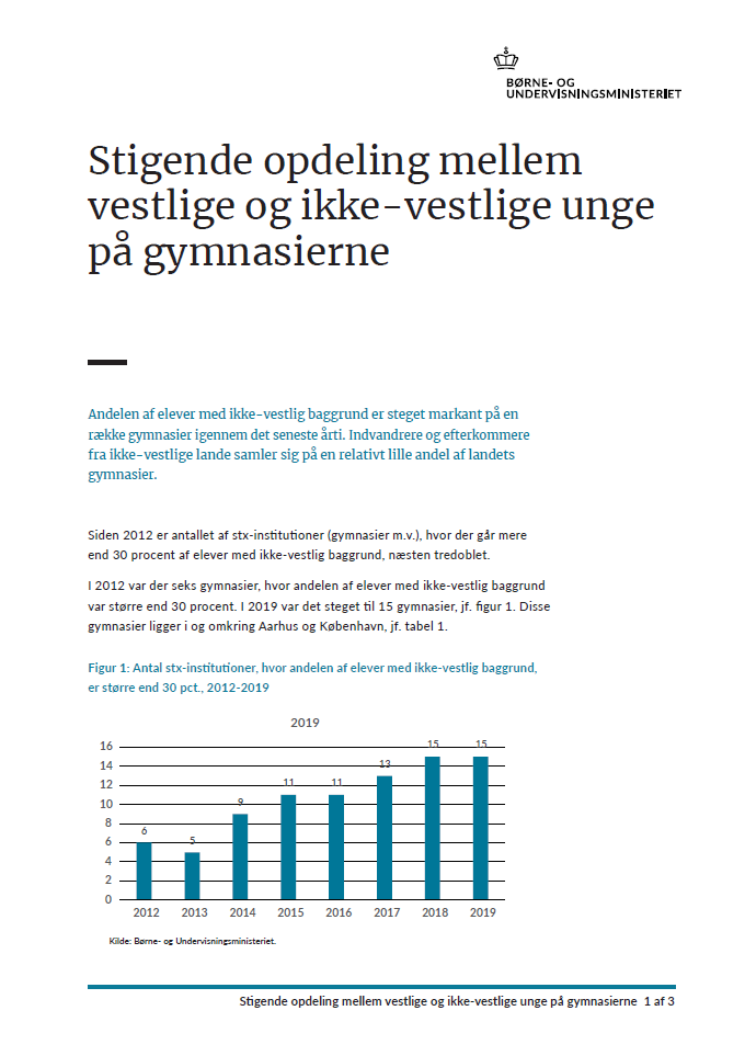 Forside til notat om stigende opdeling mellem vestlig og ikke-vestlige unge på gymnasierne